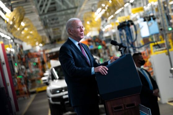 Joe Biden delivers a speech on electric vehicles at the opening of General Motors’ first EV assembly plant in Michigan in November