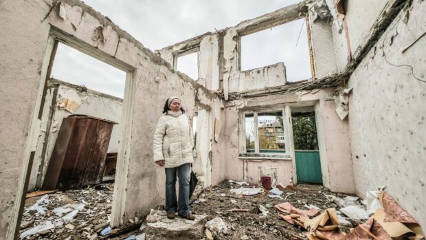 A Ukrainian woman, Irina in the remains of her shelled home in Nickopol last week
