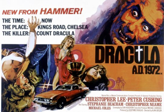 The striking poster for Hammer film Dracula AD 1972 starring Christopher Lee as the bloodthirsty villain