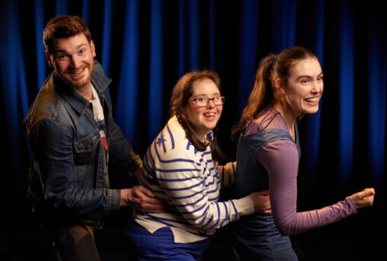 Calum Barbour, Abigail Brydon, Rachel Still appear on stage in Downs With Love