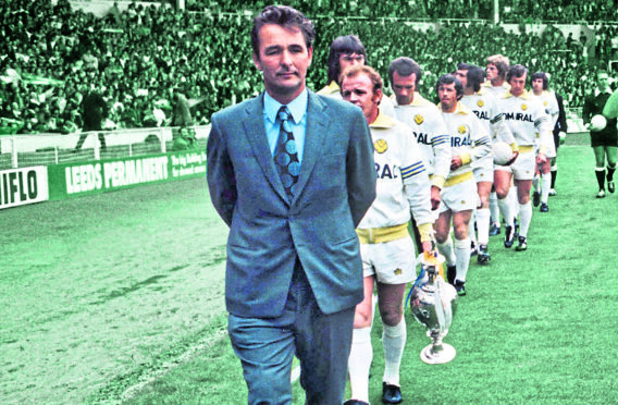 Brian Clough leads Leeds out at Wembley in the 1974 Charity Shield