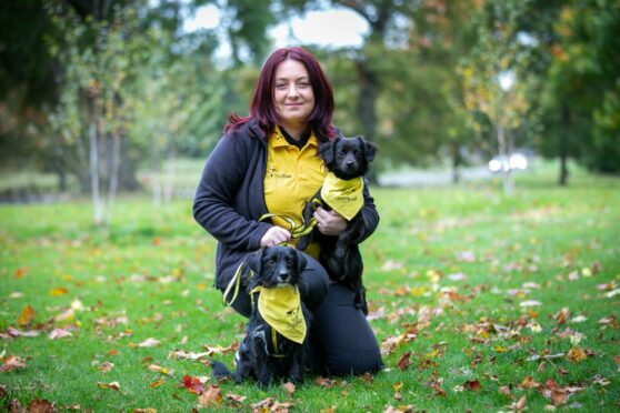 Chloe Barker with Dandy and Beano, two pups currently fostered under the Dog Trust’s fostering scheme, at Camperdown Park, Dundee