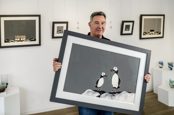 Ron Lawson with his artwork at an exhibition at the Strathearn Gallery, Crieff