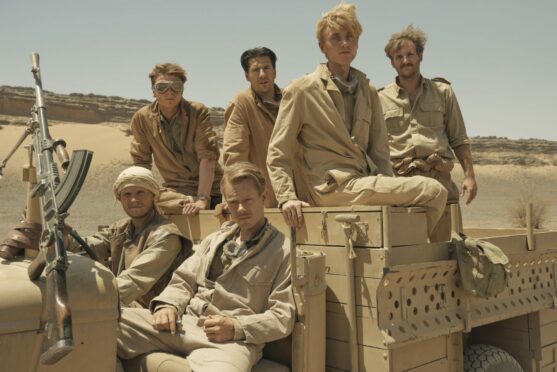 Alfie Allen, third left, as Lieutenant Jock Lewes in SAS Rogue Heroes