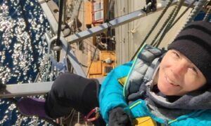 Author Sandy Winterbottom on tall ship Europa during Antarctic voyage in 2016