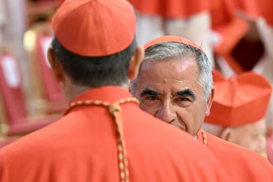 Cardinal Angelo Becciu, who has been accused of money-laundering and other crimes, at a service to create new cardinals in the Vatican in August