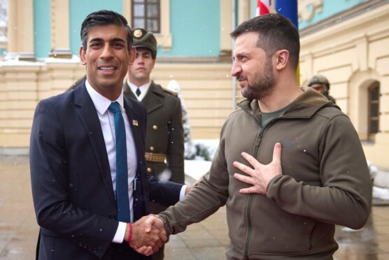 Ukrainian President Volodymyr Zelenskyy, right, shakes hands with British Prime Minister Rishi Sunak during their meeting in Kyiv