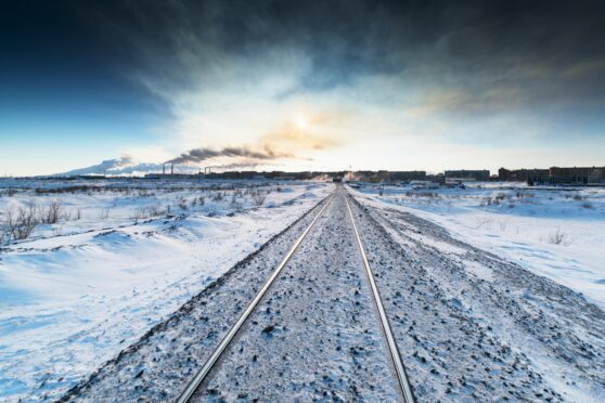 The Trans-Siberian railway cuts through Russia’s bleak and frozen landscape