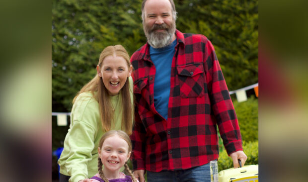 Real-life acting couple Julie Wilson Nimmo and Greg Hemphill as Mr and Mrs Sawdust, mum and dad to Karen, played by Isla Mercer, left, in Olga da Polga.