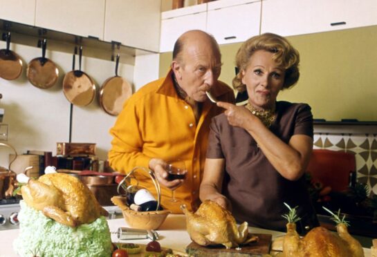 1970s TV chef Fanny Cradock and husband Johnnie get to grips with some Christmas birds