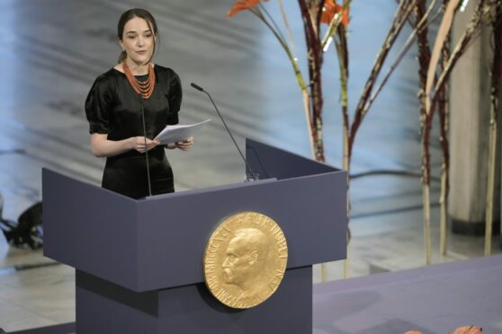 Oleksandra Matviychuk of Ukraine's Center for Civil Liberties, speaks during the Nobel Peace Prize ceremony at Oslo City Hall, Norway.