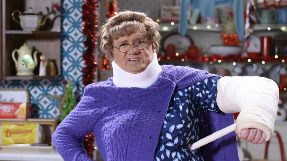 Brendan O’Carroll stars as Mrs Brown – plaster cast and all