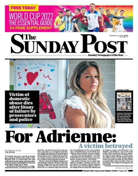 The Sunday Post front page reporting on the death of Adrienne McCartney