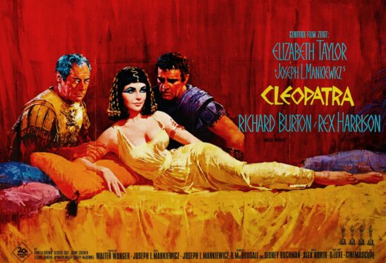 A detail from the poster of Cleopatra, 1963, staring Elizabeth Taylor, Richard Burton and Rex Harrison.