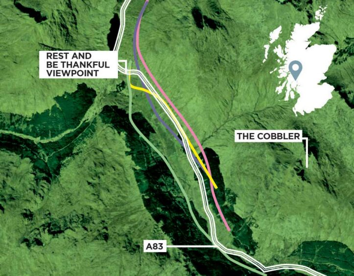 A map of the affected area detailing potential new routes for the A83 at the Rest and Be Thankful