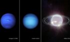 A photo of Neptune taken by Voyager 2 in 1989, Hubble in 2021, and Webb in 2022