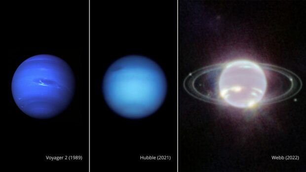 A photo of Neptune taken by Voyager 2 in 1989, Hubble in 2021, and Webb in 2022