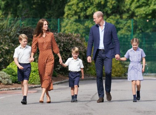 Prince George, Princess Charlotte and Prince Louis, accompanied by their parents the Prince and Princess of Wales