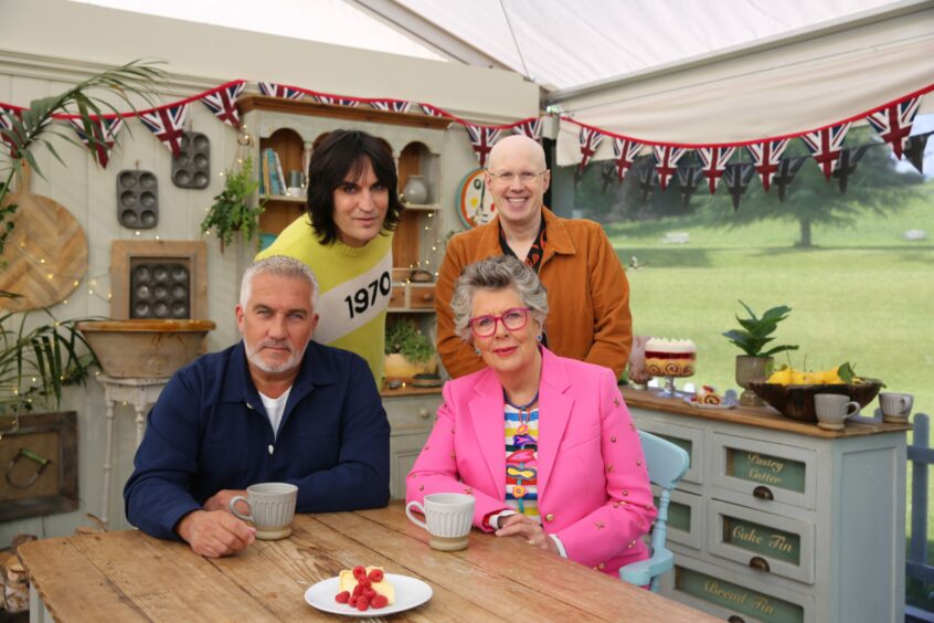 Prue Leith with Paul Hollywood, Noel Fielding and Matt Lucas on Bake Off