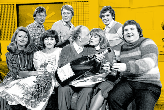 The first edition of BBC’s Breakfast Time on January 17, 1983, starring, back row, Francis Wilson, Nick Ross and David Icke, front row, Jane Pauley, Debbie Rix, Frank Bough kissing Selina Scott and astrologer Russell Grant