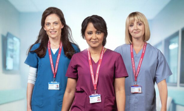 Parminder Nagra (Dr as Dr Maryam Afridi) flanked by her Maternal co-stars, Lara Pulver (Ms Catherine Macdiarmid) and Lisa McGrillis (Dr Helen Cavendish)