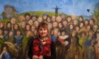 Artist Karen Strang with oil painting Look Aboot Ye at Lillie Gallery in Milngavie