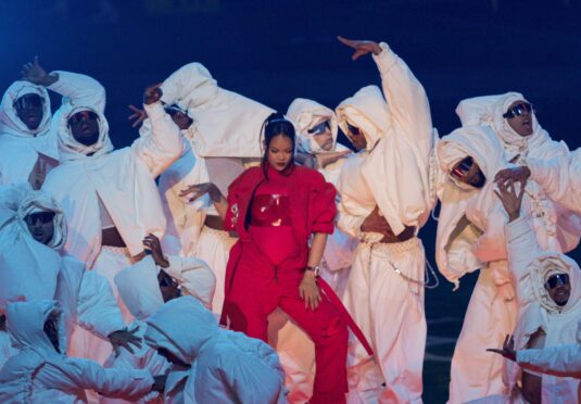 Rihanna performing during the halftime show where later she announced she was pregnant with her second child