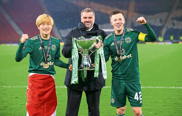 Ange Postecoglou will hope Kyogo and Callum McGregor can keep their hands on the League Cup.