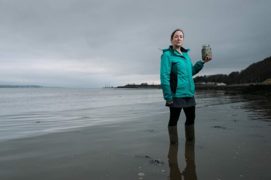 Campaigner Joanna McFarlane holds nurdles collected by volunteers on Limekilns beach in just one hour.