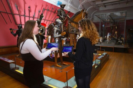 Lianna Estall and Julia Cullen of Bellahouston Academy help launch My Stories devices at Kelvingrove Museum