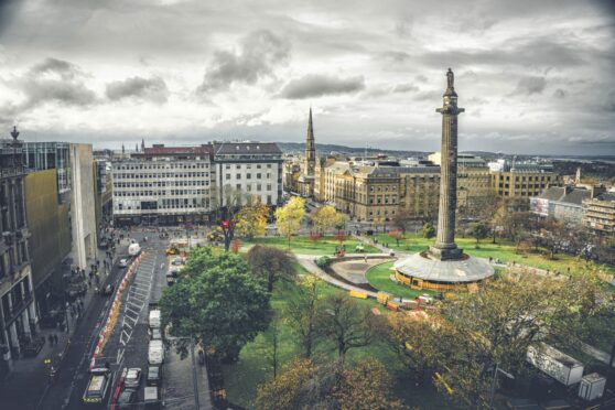 View of St Andrew's square, Edinburgh, Scotland, from the top of Edinburgh Grand Hotel