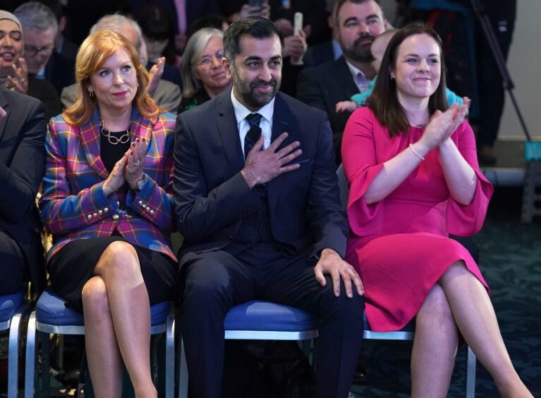 (left to right) Ash Regan, Humza Yousaf and Kate Forbes after it was announced Yousaf is the new SNP leader