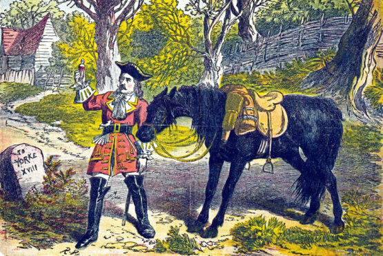 Dick Turpin gives Black Bess reviving potion in this engraving.