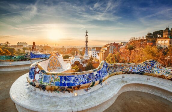 View of Barcelona from the park at sunrise