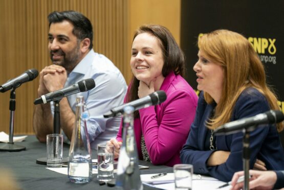 SNP leadership candidates Humza Yousaf, Kate Forbes and Ash Regan during the SNP leadership hustings at the University of Strathclyde in Glasgow