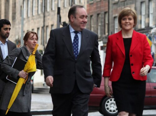 Humza Yousaf, the continuity candidate in the leadership race, on left, with Liz Lloyd, the FM’s former chief of staff who has been helping his campaign, Alex Salmond and Nicola Sturgeon in 2011