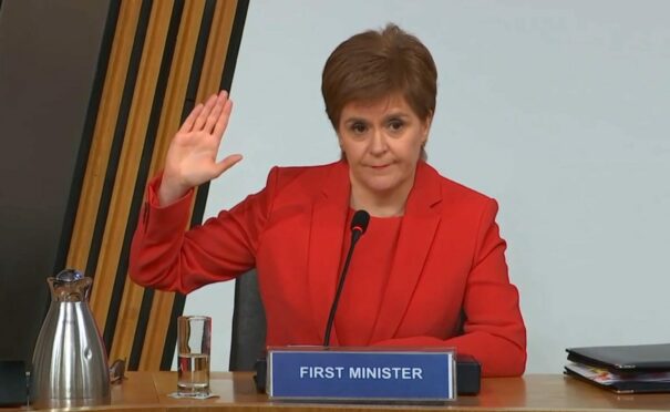 Nicola Sturgeon takes oath before giving evidence to MSP’s on the Salmond inquiry committee in March 2021