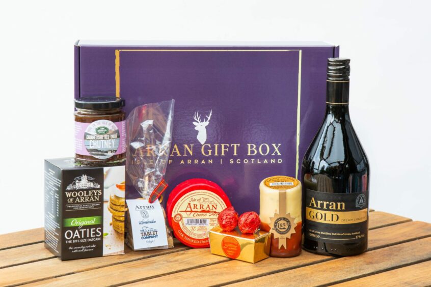 a typical Arran Gift box contains local products like cheese and whisky
