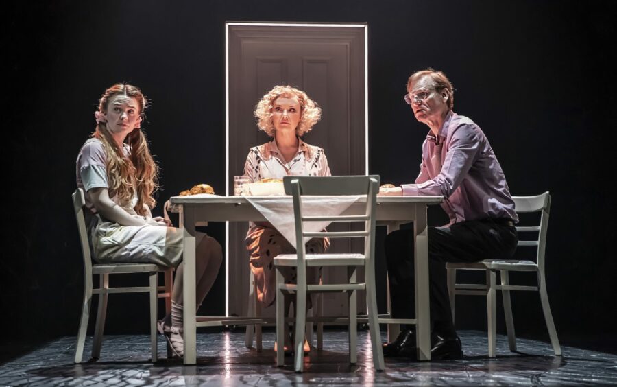 Charlie Brooks, centre, as Ursula, with Laurie Ogden and Trevor Fox in National Theatre’s production of The Ocean At The End Of The Lane