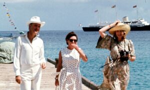 Lord Colin Tennant, Princess Margaret and Lady Anne at Mustique on the Silver Jubilee tour of the West Indies
