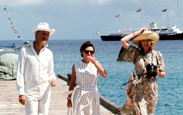 Lord Colin Tennant, Princess Margaret and Lady Anne at Mustique on the Silver Jubilee tour of the West Indies