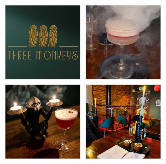A photo of four pictures of The Three Monkeys Lounge.
