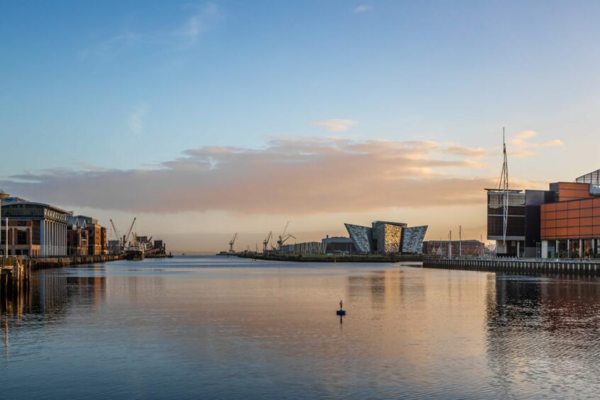 View of Titanic Belfast across the river in the morning sun