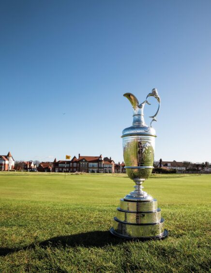 The Claret Jug pictured on the green at Royal Liverpool Golf Club.