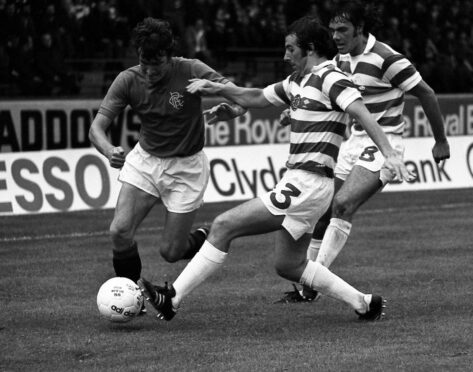 Rangers defender Sandy Jardine (left) is challenged by Andy Lynch as John Dowie looks on. Image: SNS.