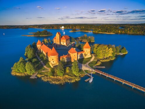 Beautiful drone landscape image of Trakai castle