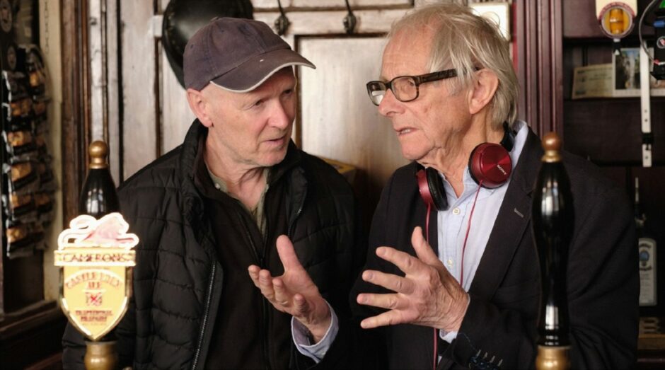 Paul Laverty with Ken Loach on the set of The Old Oak.