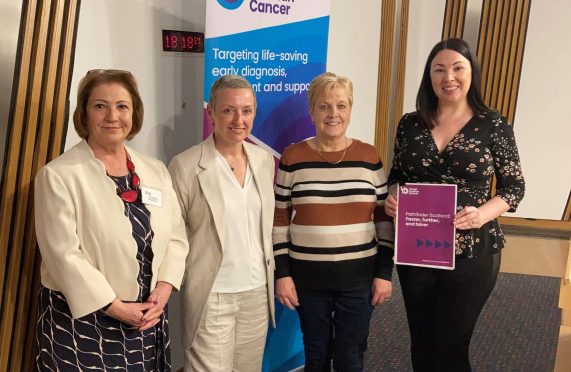 Left to right: Arwen Jones of Target Ovarian Cancer; campaigners Mags McCaul and Mary Hudson; and MSP Monica Lennon.