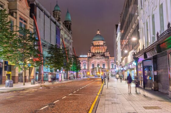 Belfast city centre looking up to City Halls.