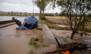 Flood water and damage at the village of Benvie, near Dundee, after Storm Babet wreaked havoc in October.
